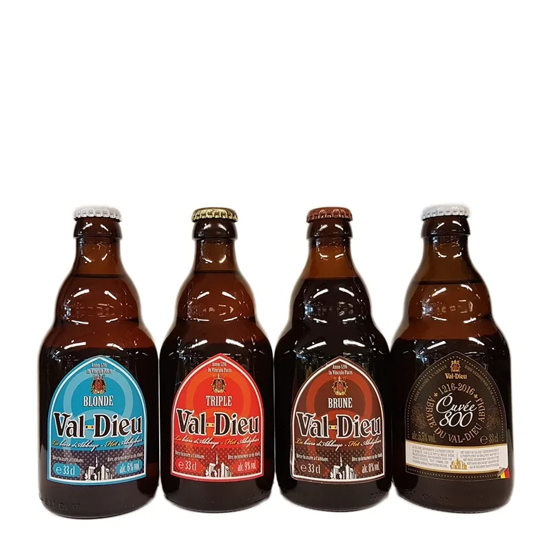 Val-Dieu 33 cl x 4 : quatre bouteilles Blonde, Triple, Brune et Grand Cru côte à côte