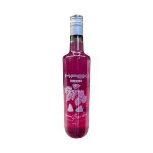 M Pek Cuberdon : bouteille transparente de 70 cl au liquide magenta, logo M.PEK et décor blanc