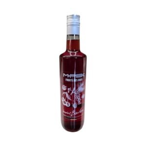 M Pek Fruits des bois : bouteille transparente de 70 cl au liquide rouge foncé, logo M.PEK et décor blanc