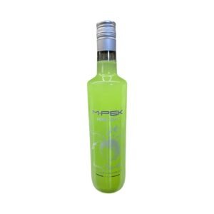 M Pek Pomme Verte : bouteille transparente de 70 cl au liquide vert vif, logo M.PEK et décor blanc