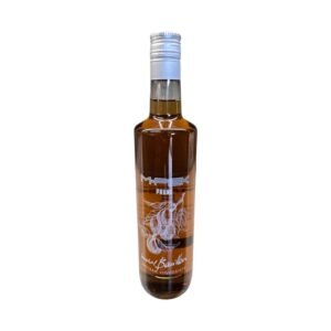 M Pek Prune : bouteille transparente de 70 cl au liquide ambré, logo M.PEK et décor blanc