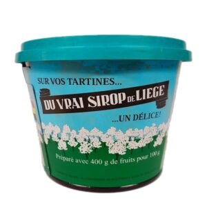 Vrai sirop de Liège 300 g en pot à couvercle turquoise, étiquette bleue et verte « Sur vos tartines… un délice ! »