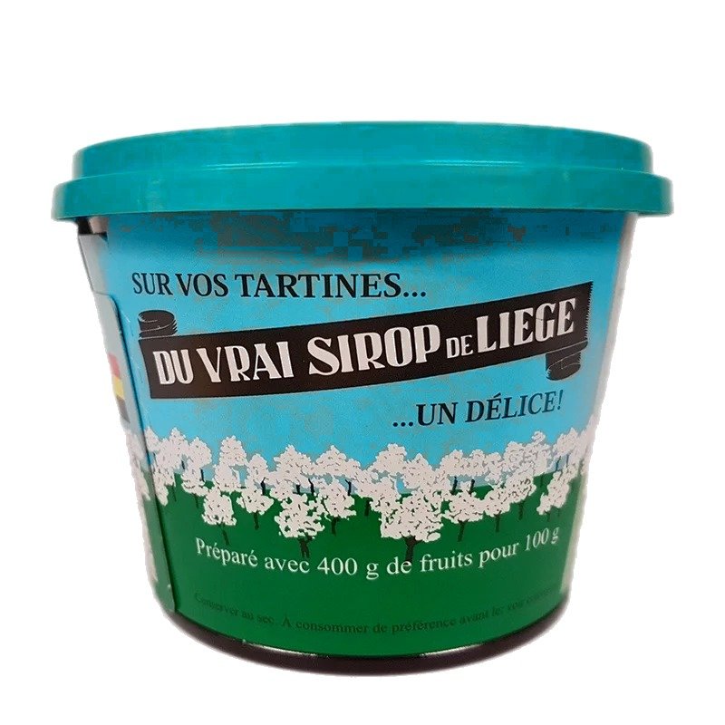 Echte Sirop de Liège 300 g in pot met turquoise deksel, blauw-groen etiket „Sur vos tartines… un délice !“