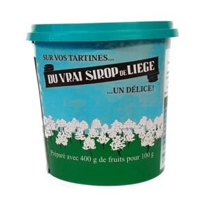 Vrai sirop de Liège 450 g en pot à couvercle turquoise, étiquette bleue et verte « Sur vos tartines… un délice ! »