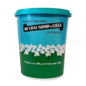 Vrai sirop de Liège 900 g en pot haut à couvercle turquoise, étiquette bleue et verte illustrée de vergers en fleurs